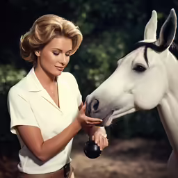 a woman petting a white horse with black mane