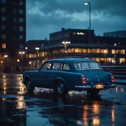 a small blue car parked on the street in the rain