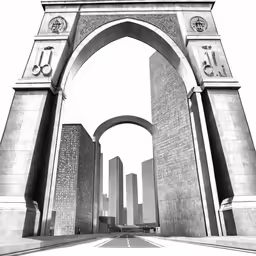 an arch in the middle of a road with some buildings