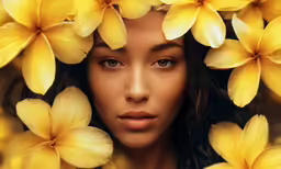 a beautiful young woman in flowers around her face