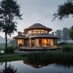 a round house is lit up by lights in the evening