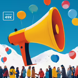 group of people standing outside near an inflatable megaphone