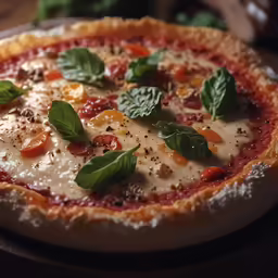 a pizza covered in tomatoes, cheese and basil