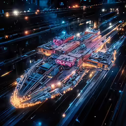 a train on tracks with its lights on at night