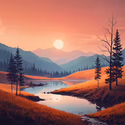 a painting of a sunset in a hilly area,a scenic picture of mountains with sunset reflecting in the water