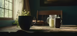 a close up of a table with two mugs of liquid