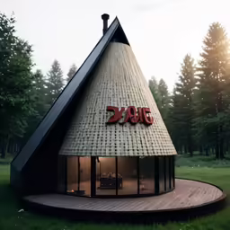 an unusual building is in the middle of grass