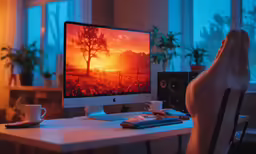 a person sits in front of a computer monitor as the sun sets