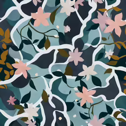 a painting on a blue background with various leaves