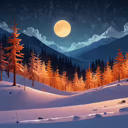 the night sky filled with stars and the moon shining over trees,a landscape painting of snow covered mountains with trees and full moon