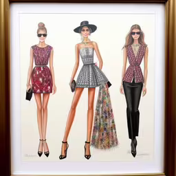 three different fashions on display in front of a brown frame,fashion illustration of models in the 1970