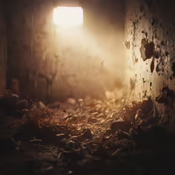 a very dark looking room with the light shining through