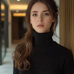 a woman with long hair and a turtle neck sweater