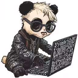 a panda wearing a leather jacket and sunglasses sitting in front of a laptop