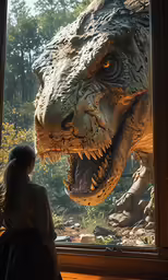 a young girl standing next to an artificial dinosaur