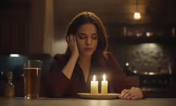 a woman sitting at a table with candles on it