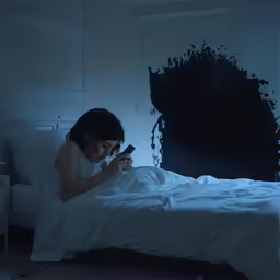a woman sitting in bed with a cell phone