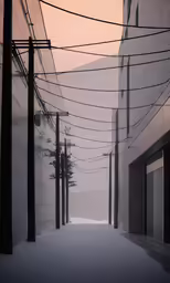 a foggy street with power lines and telephone poles