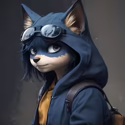 the head of a cat dressed in a blue sweatshirt and goggles