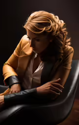 a woman sitting in a chair with her arm crossed