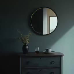 a table with a vase, mirror, and coffee cup