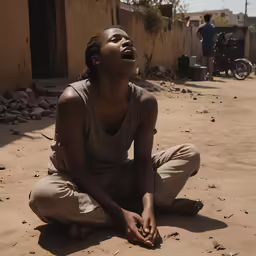 a person is kneeling on the ground while she is singing