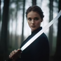 a woman holding a sword is posing for the camera