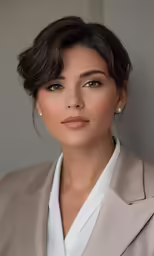 a woman in a blazer and pearls is posing for a picture
