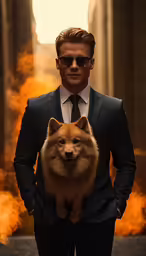 man in dark suit holding up pomeranian dog