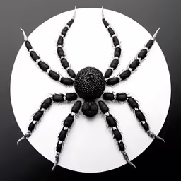 the black spider is sitting on a round table