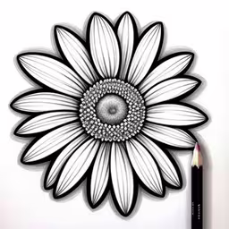 a drawing of a white and gray flower,a drawing of a sunflower with black and white background