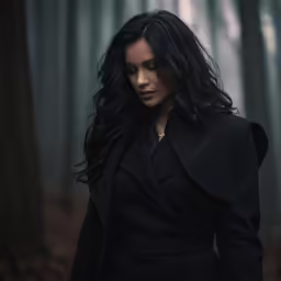 a woman standing in the woods, looking down