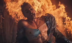 man in a bikini in front of fire and flames