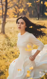 a woman in a dress runs through the field with her hair blowing in the wind