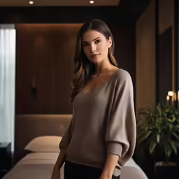 woman posing in hotel room with white bedding