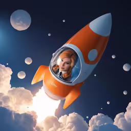 a woman inside a rocket with clouds flying