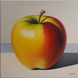 a painting of a yellow and red apple on a table,an apple that is sitting next to a white wall,the painting shows an apple and a shadow,an oil painting of an apple with bright colors,a large yellow and red apple on a white surface
