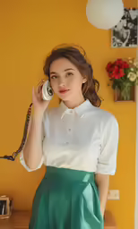 a woman wearing a white shirt and green skirt holding a cell phone