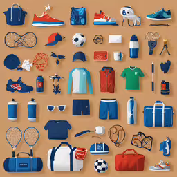 an assortment of sports items on a tan background,an assortment of sports items on top of a table