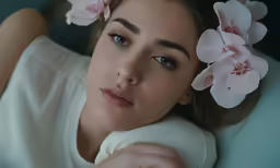 a woman sitting in a white shirt holding a pink flower