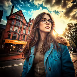 a woman standing in front of a street