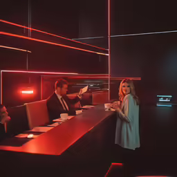a man and woman standing at a table in front of people