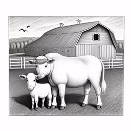 a drawing of a mother cow and her child in front of a barn,an animal and its young in a pen and ink drawing