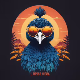 the blue bird with the large sun glasses is sitting in front of the sunset,the image shows a large bird with sunglasses on