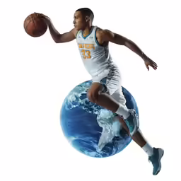 a basketball player in action in the air with his ball