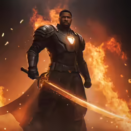 a poster with a guy dressed as a man in armor, holding a sword