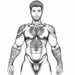 an image of a man in underwear and tattoos,a man with tattoos and no shirt standing,a drawing of the torso and torso of a man with tattoos on it,a man with some tattoos on his body,a male nude body with a snake tattoo on it