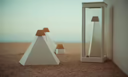 a light fixture sitting between two white pyramids