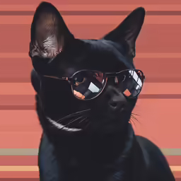 black cat with glasses on his face looking to the side