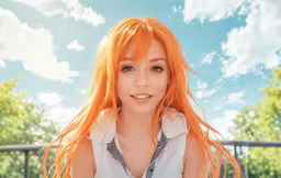 a woman with long orange hair with her shirt undone